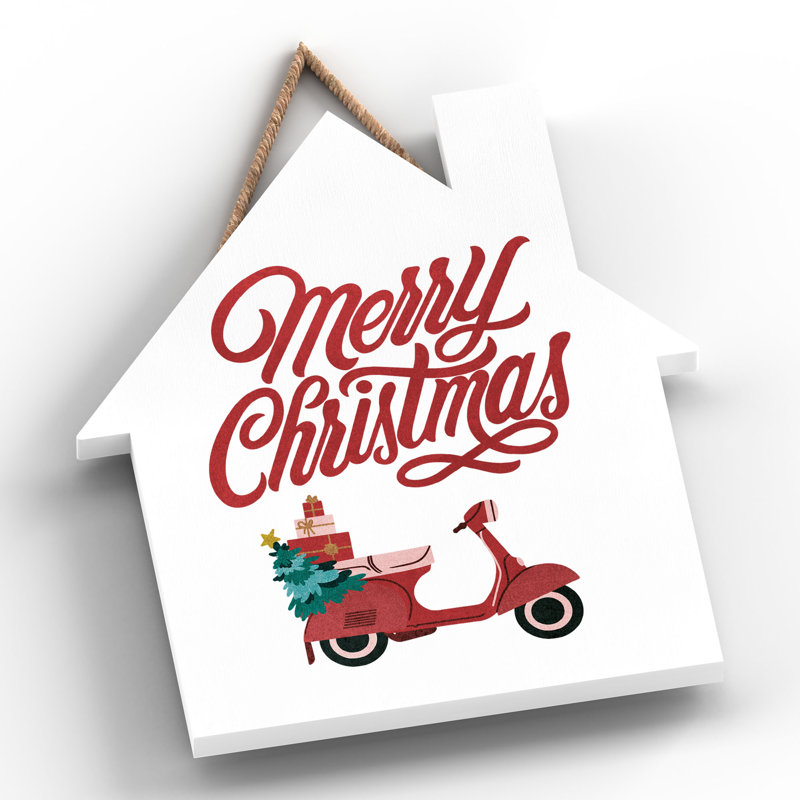 Xmas Merry Christmas Scooter Wooden House Plaque, 18.5cm H x 16cm W x 0.9cm D