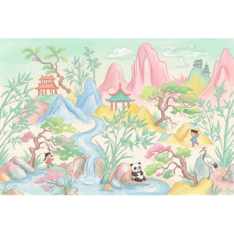 Papier peint pastel paysage oriental pavillon chinois Pagode, 100 po x 96 po, Peler et coller