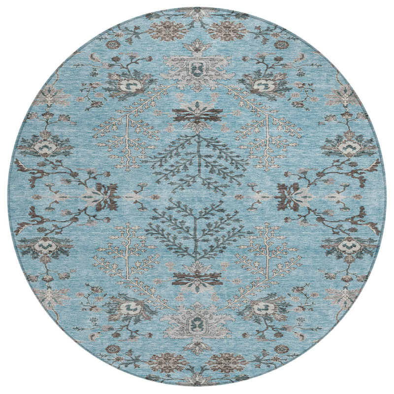 Tapis extérieur rond lavable floral bleu ciel et gris anthracite 8 pi