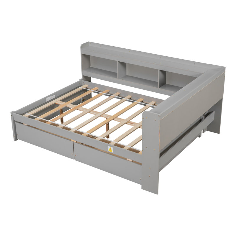 Structure de lit avec bibliothèque intégrée en forme de L et 2 tiroirs de rangement - Lit plateforme moderne peu encombrant, fabrication en bois de pin massif, design minimaliste