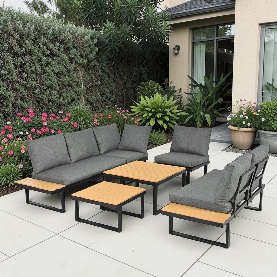 Beige Fabric + Khaki Frame 5-6 Seater Garden Lounge Set Adjustable Seating, 2 WPC Tabletop Table Included