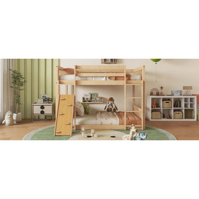 Twin Over Twin Floor Bunk Bed,Playhouse Floor Bunk Bed with Climbing Ramp, Ladder,Safety Guardrails
