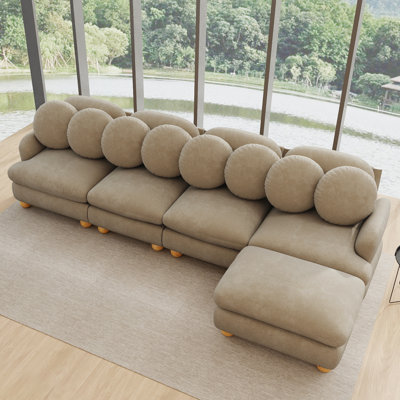 123" Modern L-Shaped Sofa, Chenille 4 Seater Deep Seat with 1 Movable Ottoman, Camel