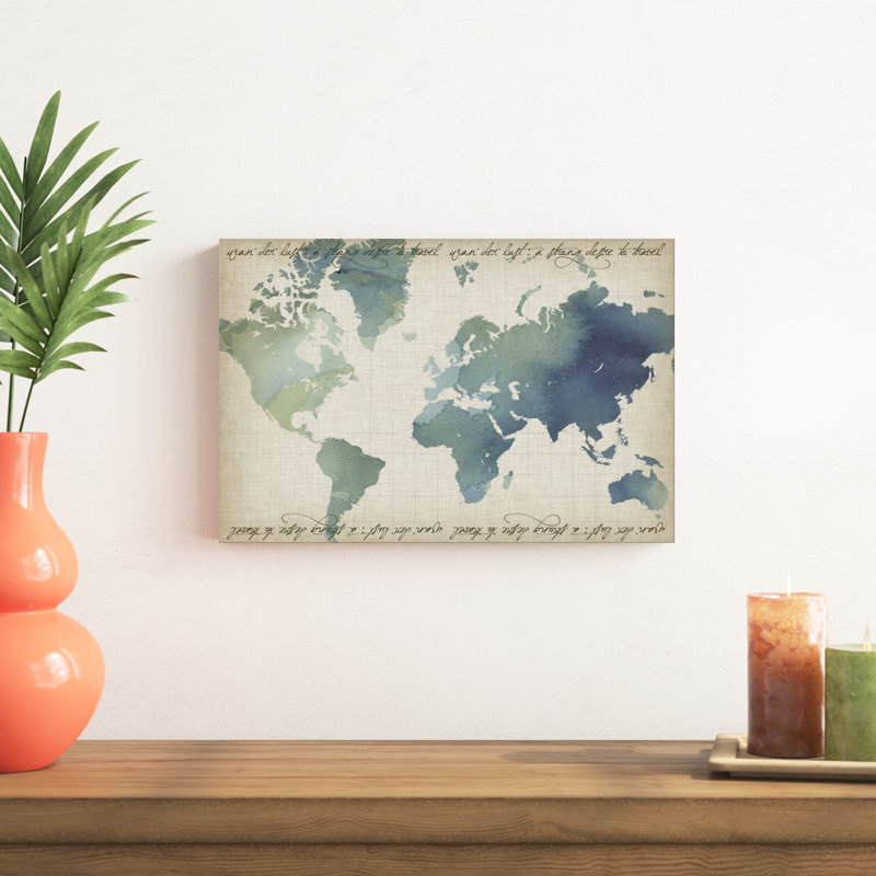 Carte du monde aquarelle, H 12 po x l 18 po x P 1,25 po