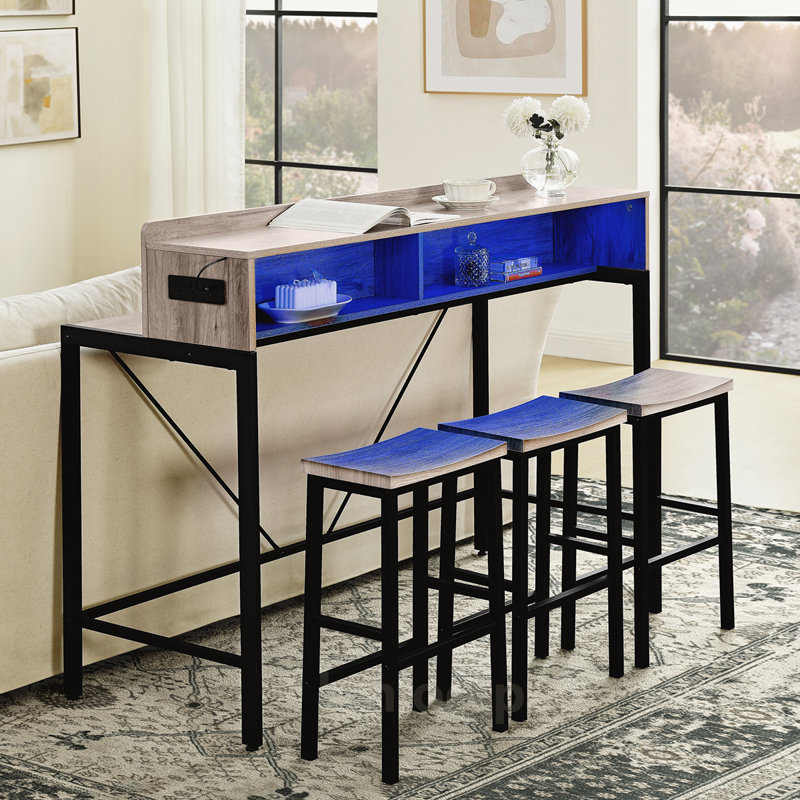 Versatile Bar Table Set with Power Socket and LED Light for Multiple Rooms, Gray