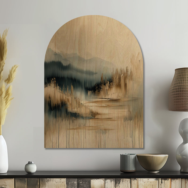 Lac de montagne brumeuse - Paysage bleu, impression d'art mural en bois arquée, 40" H x 30" W, Arche