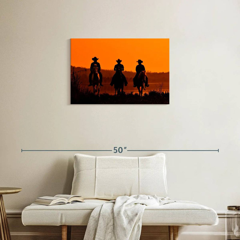 Cowboys au coucher du soleil, H 20 po x l 30 po