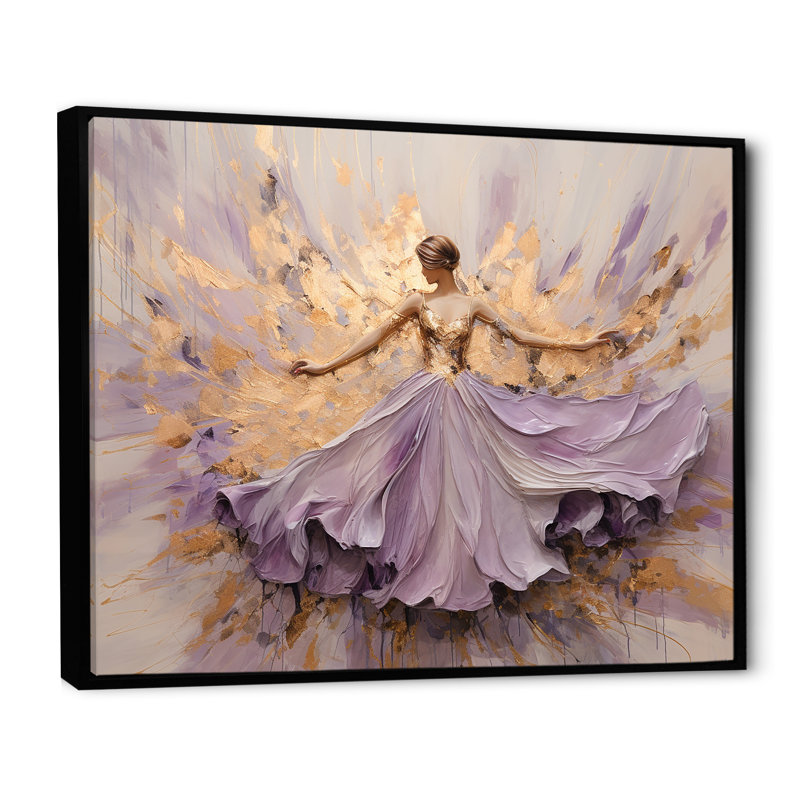 Minimalisme, ballerine mauve dorée - ballet, art mural, H 34 po x l 44 po x P 1,5 po, Cadre flottant noir