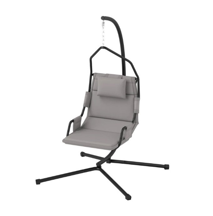 Chaise hamac suspendue avec support, balancelle d'extérieur avec coussin et accoudoirs, noir / gris