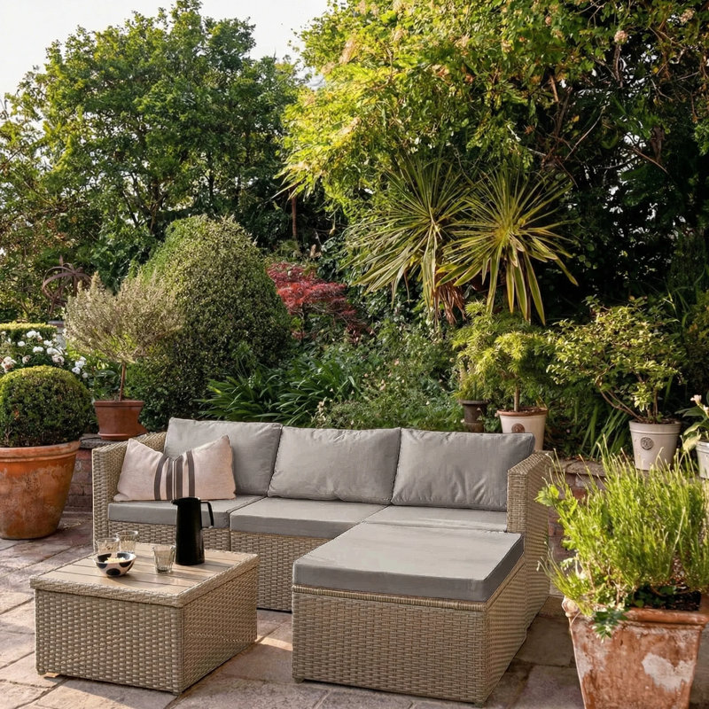 4 Seater Rattan Corner Sofa Garden Set With Polywood Top - Weave, Beige