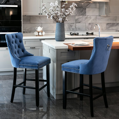 Tabourets de bar à boutons en velours, siège en mousse haute densité, fait à la main - bleu de 2 chevilles réglables contemporaines, fabrication en bois massif