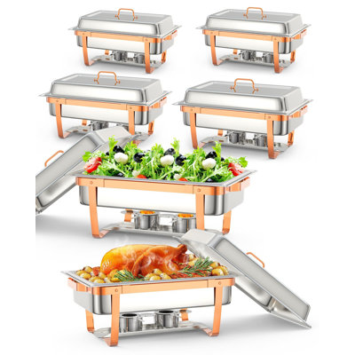 Chafing Dish Buffet Set, 8QT 4/6 Pack, Rectangle Chafing Dishes for Buffet w/Lid Holder, Stainless Steel Chafer Food Warmers Servers with Spoon and Tweezers for Kitchen Party Banquet Dining, Rose Gold