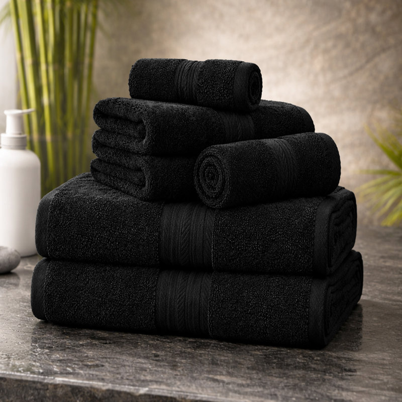 Ensemble de serviettes 100% coton doux et épais Como, Noir, Ensemble 6 serviettes de bain