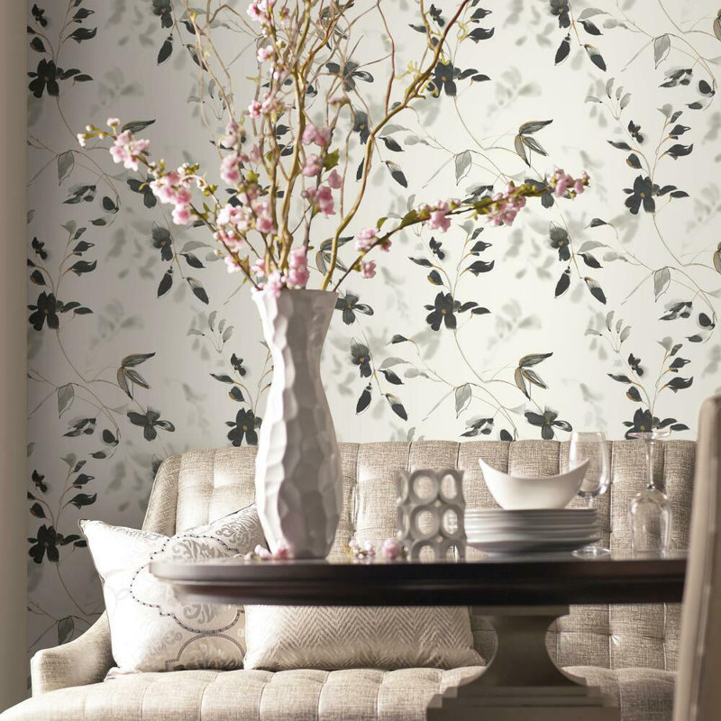 Floral Peel & Stick Wallpaper Roll, White/Black/Gold