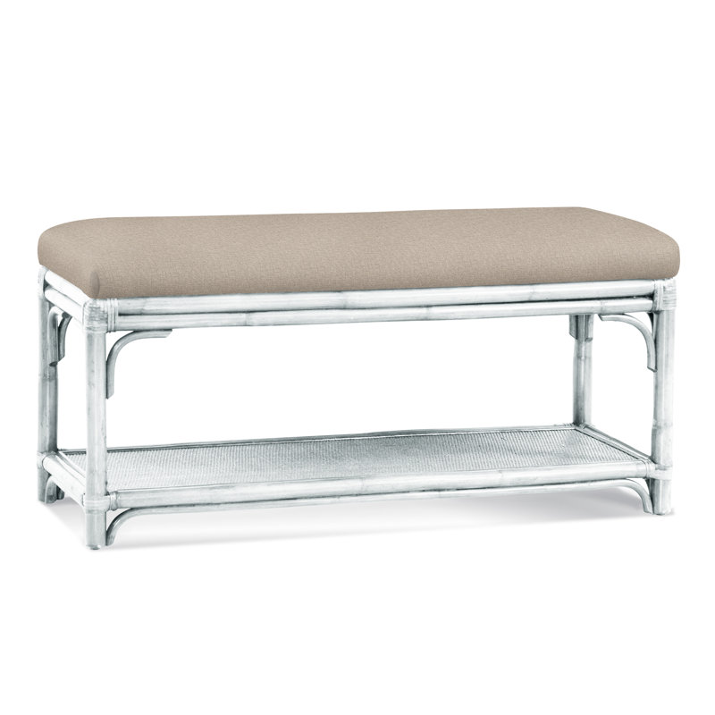 Summer Retreat Wicker Shelf Storage Bench, Frost White, Green and Blue Stripe; 0252-54