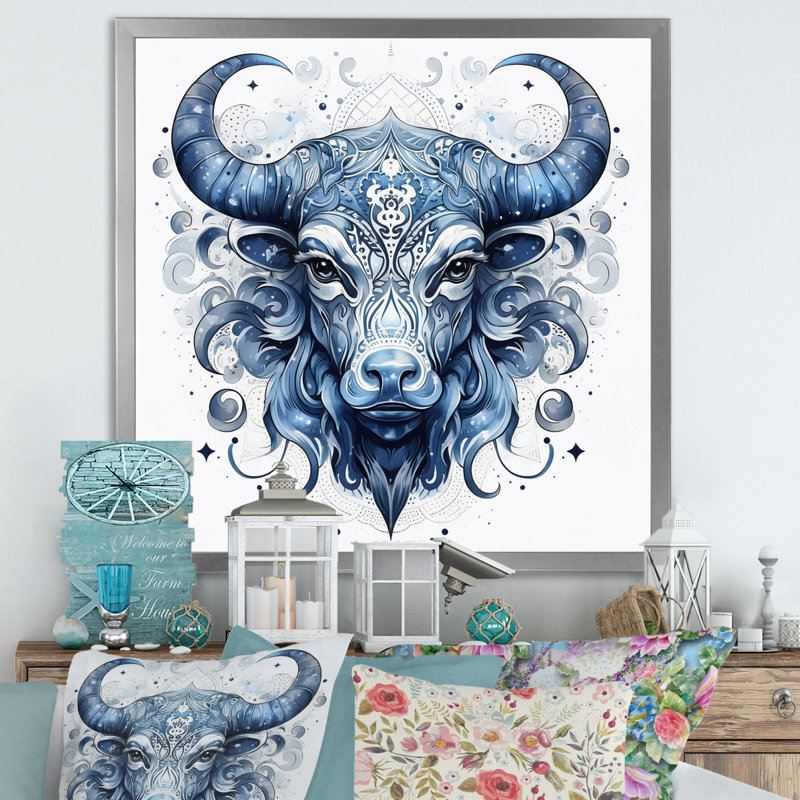 Art mural sur toile Taureau, signe du zodiaque IV - Astrologie, Cadre simple argenté, H 24 po x l 24 po x P 1 po