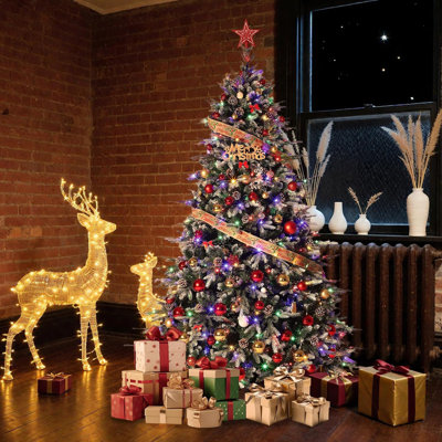 Arbre de Noël enneigé 6 / 7,5 / 9pi, 8 lumières DEL, auto-extensible, pommes de pin