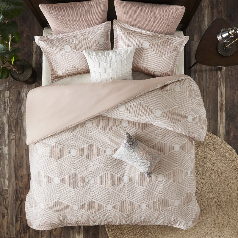 Housse de couette double / grand en coton rosé, géométrique, 2 taies décoratives standard géométriques roses pour grand lit, assorties