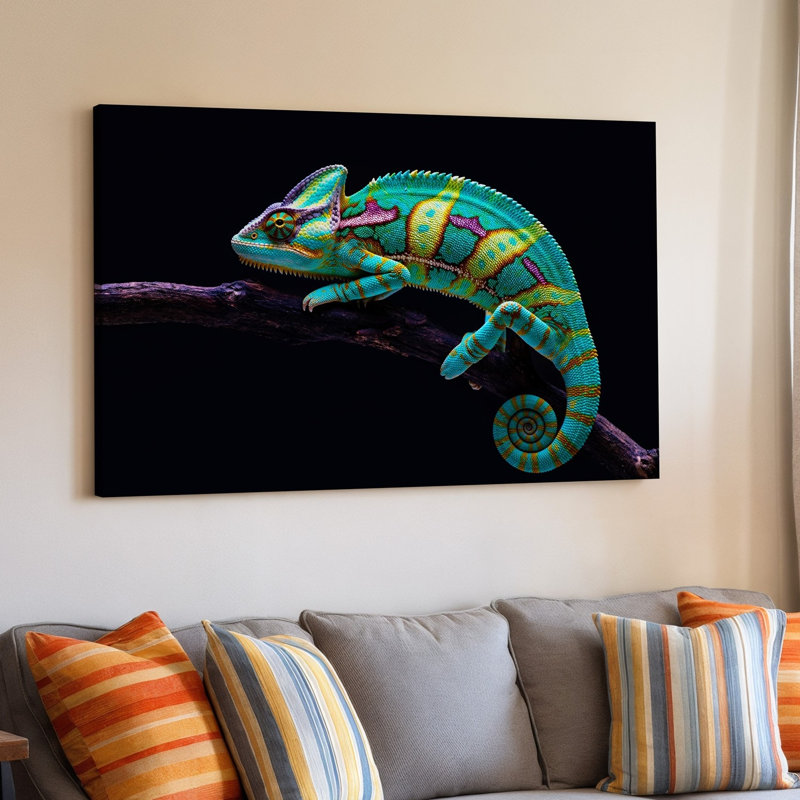 Toile, un caméléon vibrant perché sur une branche texturée foncée, mettant en vedette ses écailles irisées qui scintillent dans un spectre d'art mural sur toile