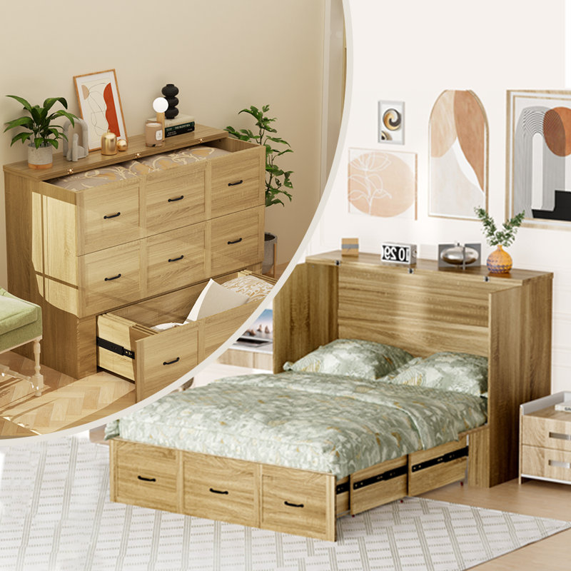 Full Size Storage Murphy Bed with Drawer, and Built-in Charger, Farmhouse Murphy Bed Space-Saving Hidden Foldable Platform Bed Chest Mobile Cabinet Bed Frame Storage Cabinet with USB Ports for Bedroom, Guest Room,Natural