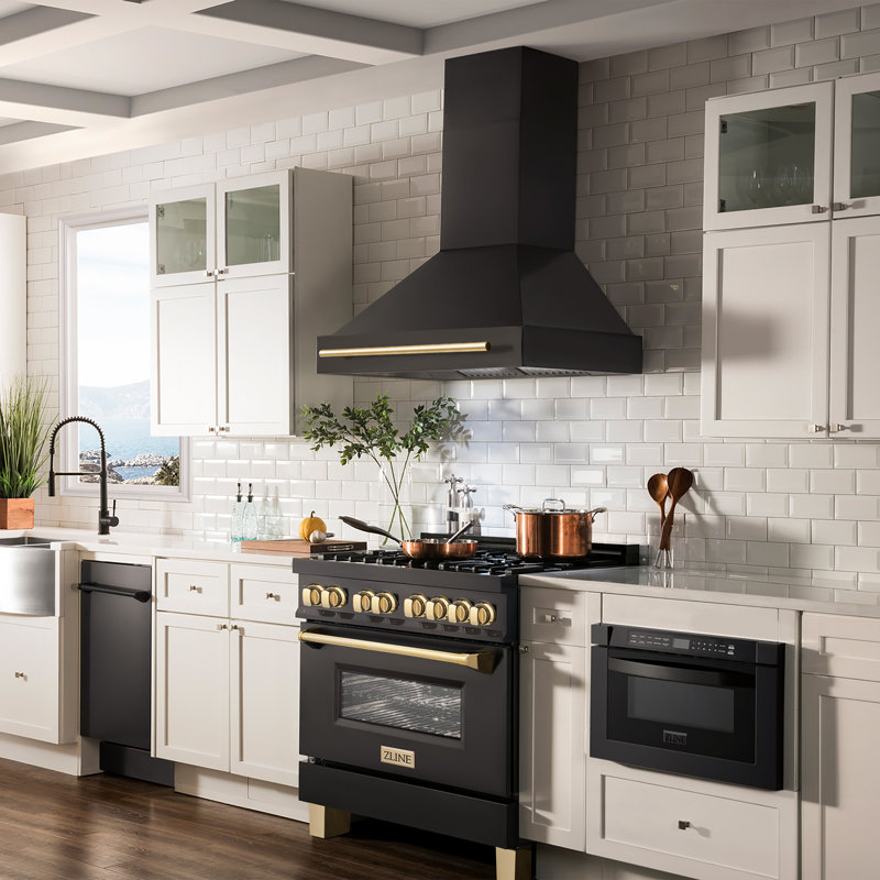 Autograph Edition 36" Adjustable Height 700 CFM Ducted Wall Mount Range Hood, Black/Champagne Bronze, 30" W