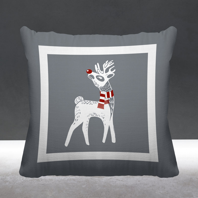 Coussin décoratif intérieur / extérieur Folk Christmas Reindeer, L 19 po x H 19 po, Gris