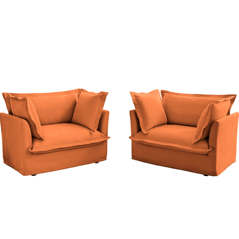 Of 2 Orange Chenille Armchairs With High - Back Pillows, Spacious Seating And Natural Stitching For Home Seat In Orange, Soft Removable Slipcovers Comfortable Relaxing