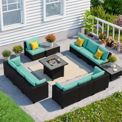  𝗣𝗿𝗲-𝗔𝘀𝘀𝗲𝗺𝗯𝗹𝗲𝗱 𝗖𝗵𝗮𝗶𝗿𝘀, 10-Person Patio Furniture Set Rattan Outdoor Sectional Conversation Sofa Seating Group With Propane Fire Pit Table