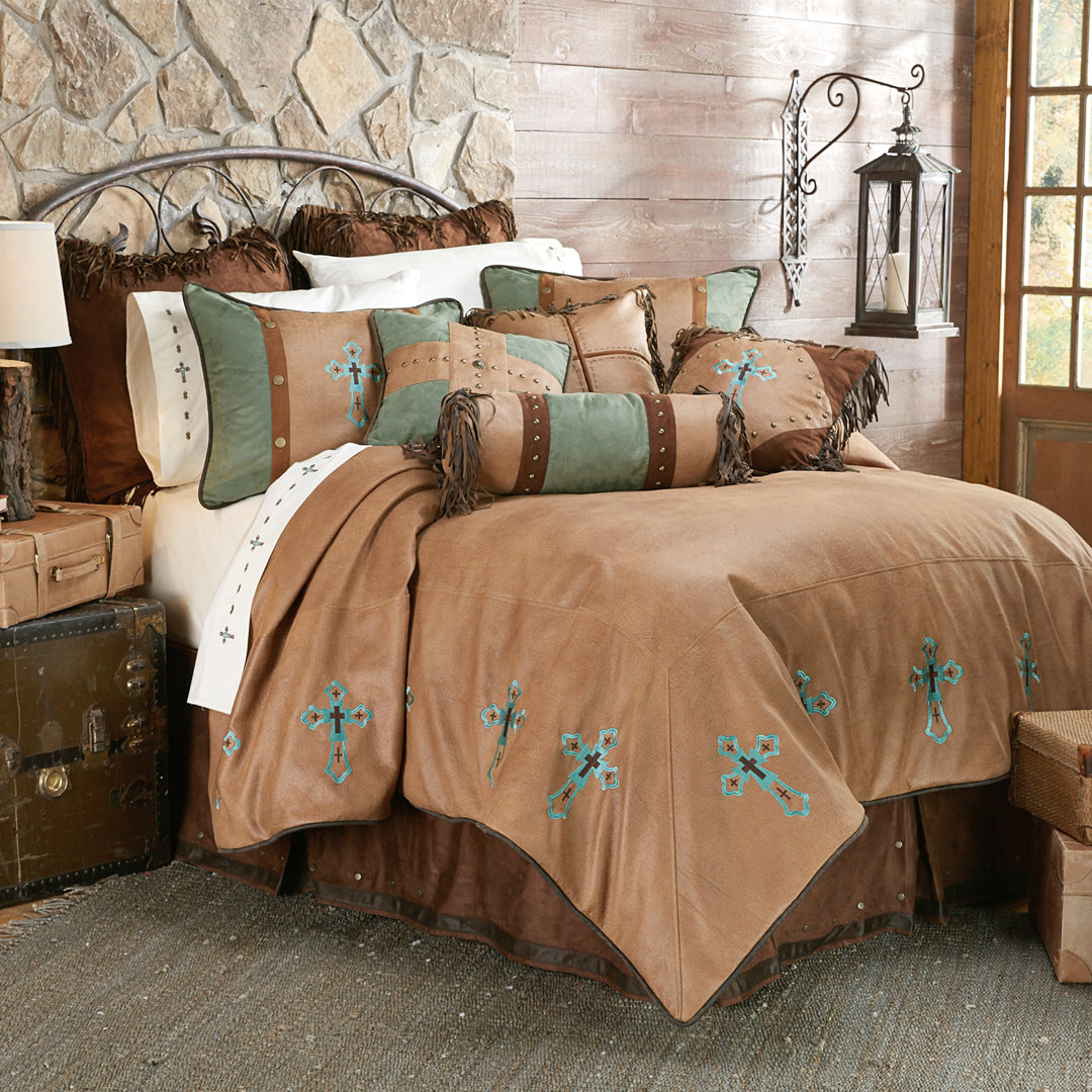 Las Cruces Tan Turquoise Cross Embroidery Western Comforter Set Paseo Road by HiEnd Accents 