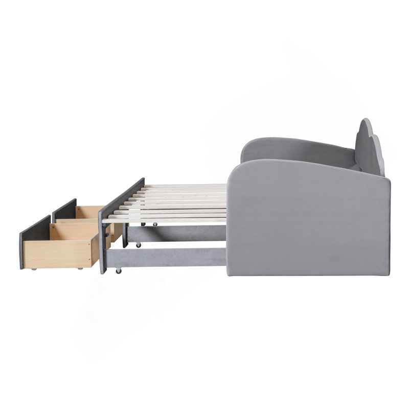 Lit de jour simple avec dossier en forme de nuage, lit gigogne 2 tiroirs et ports USB, gris, Gris