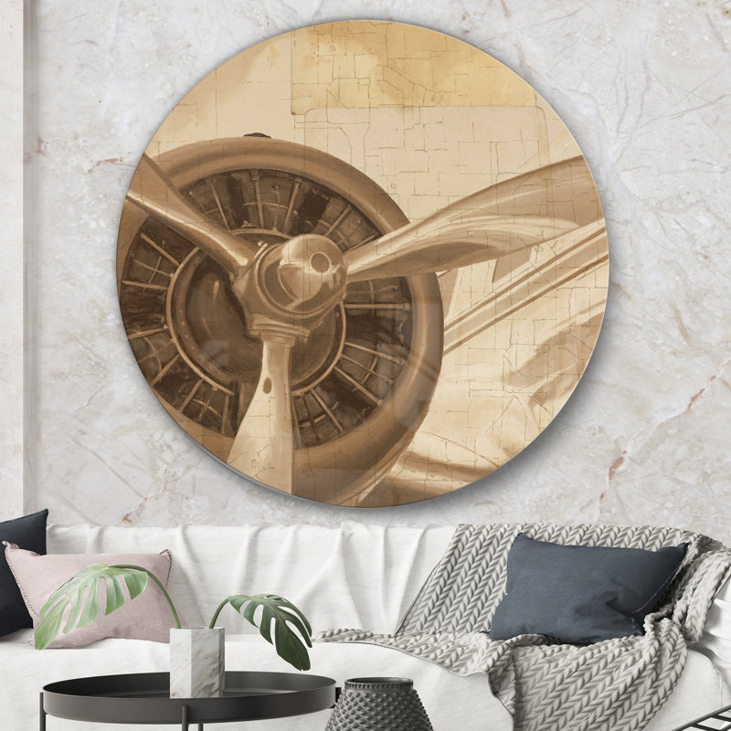 Avions rétro, sépia - Cercle d'art graphique en métal, H 11 po x l 11 po