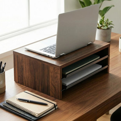 14.3-Inch Monitor Stand with Slide-Out Trays, Wood & Metal Desk, Brown