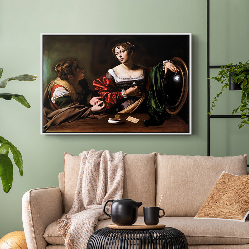 Martha et Mary Magdalene, v. 1598 - Toile tendue avec châssis Caravaggio, 24 po x 36 po, Blanc