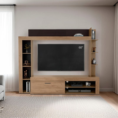 Meuble audio-vidéo H 69,9 po, 1 porte, 10 tablettes, chêne naturel / wengé noir - salon