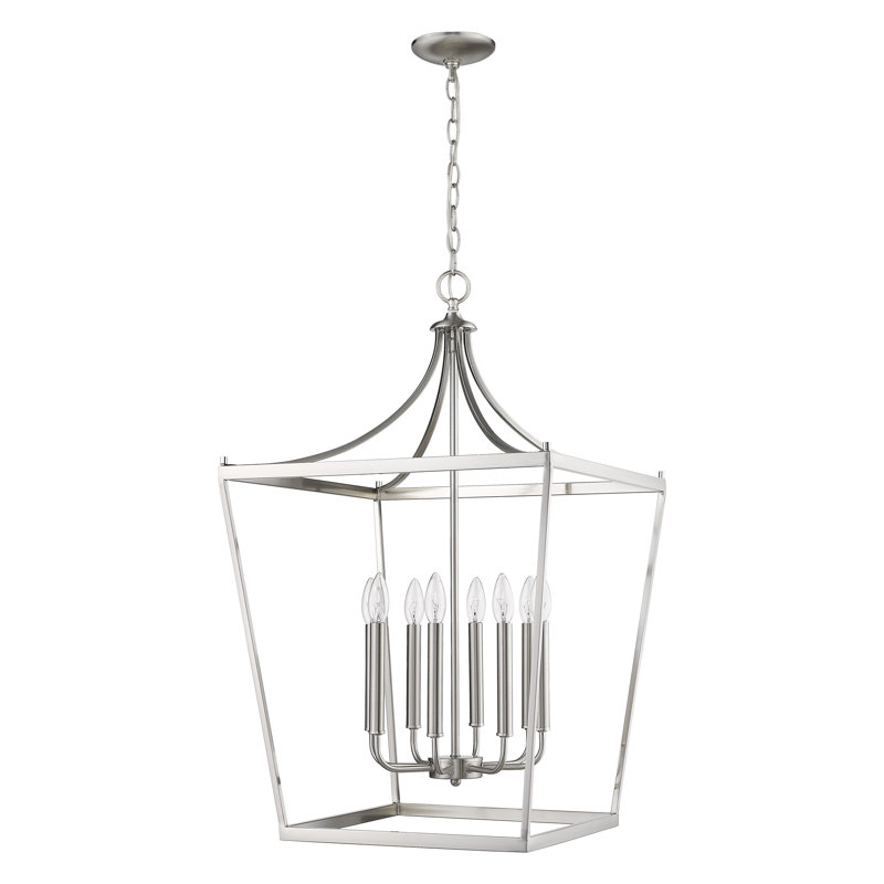 Lustree géométrique 8 lumières lanterne Rancourt, Nickel satiné