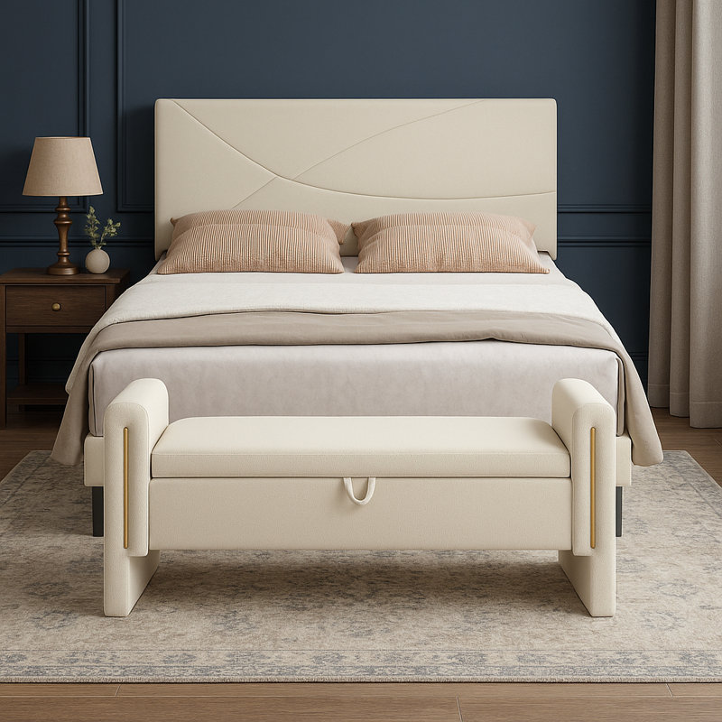 Ensemble de chambre à coucher 2 pièces avec lit plateforme tapissier à DEL et banc de rangement crème bouclé, Grand