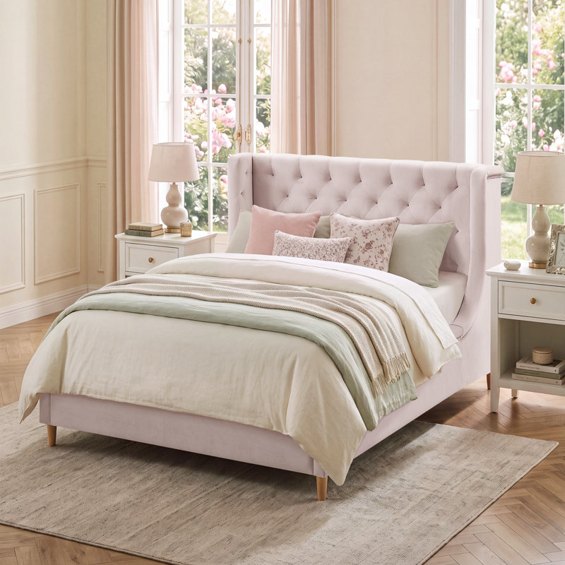 Lit plateforme tapissier en velours, Rose, Full