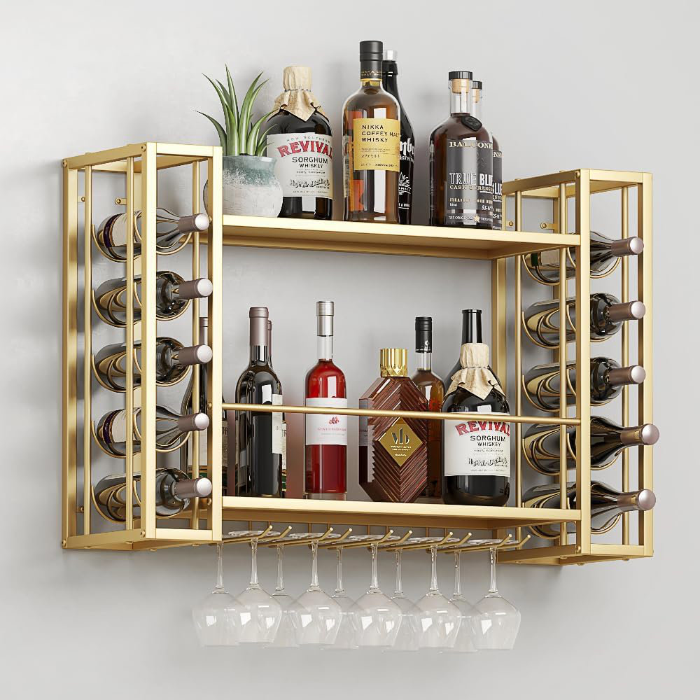 Wall Mounted Wine Rack 8 Bottle - Geometric Gold Metal Display Shelf ...