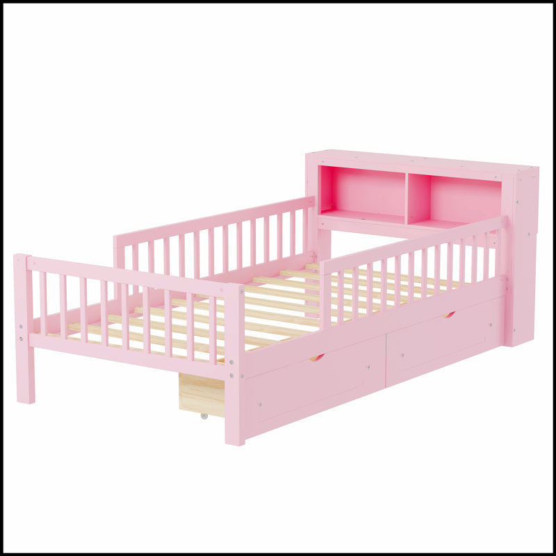 Lit avec rangement pour tête de lit, tiroirs sous le lit et garde-corps de sécurité pour plus de confort et d'organisation
