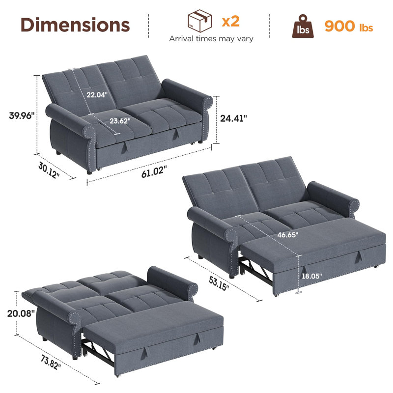 Canapé-lit 3 en 1, canapé convertible de 61 pouces avec quatre coussins, Gris