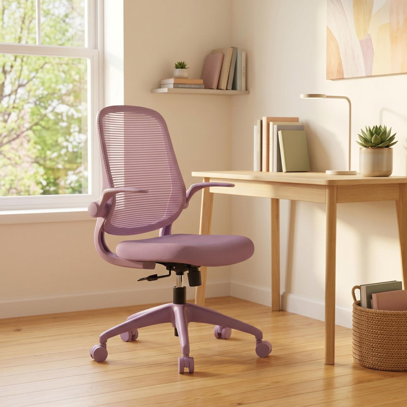 Ergonomic Mesh Task Chair with Flip-Up Arms and Lumbar Support for Small Spaces, Lavender