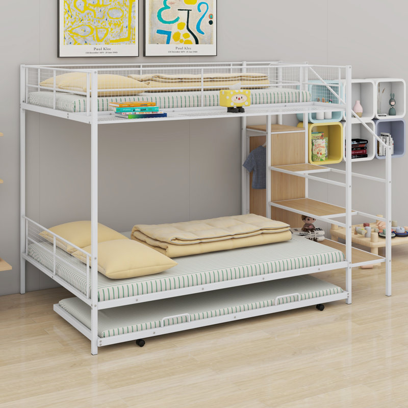 Lit superposé en métal avec lit gigogne, échelle de rangement latérale et garde-robe, Blanc/naturel