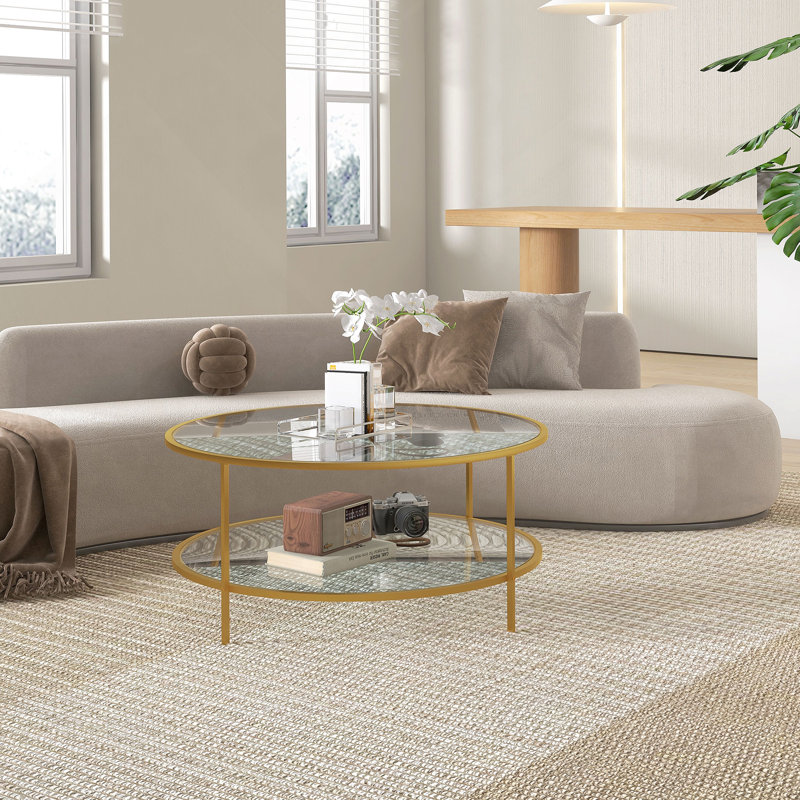 Side Table with Storage, Round End Table, 2-Tier Tempered Glass Coffee Table, 16.9" H x 36" L x 36" W, Gold
