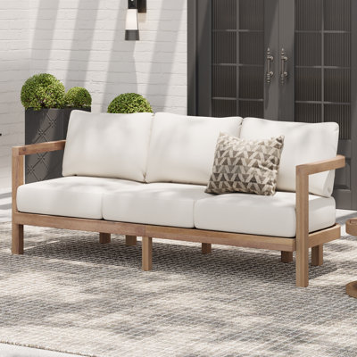 Lucca Acacia Wood Upholstered 3-Seater Patio Sofa With Cushions by Winston Porter