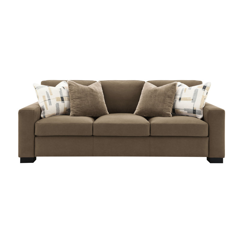 Suède brun, siège à ressorts ensachés, fabrication en bois, assise de 74 po de largeur, paquet de 39,8 po, plancher de 4 po, 3 canapés bruns, structure, coussins décoratifs, hauteur de 20 po