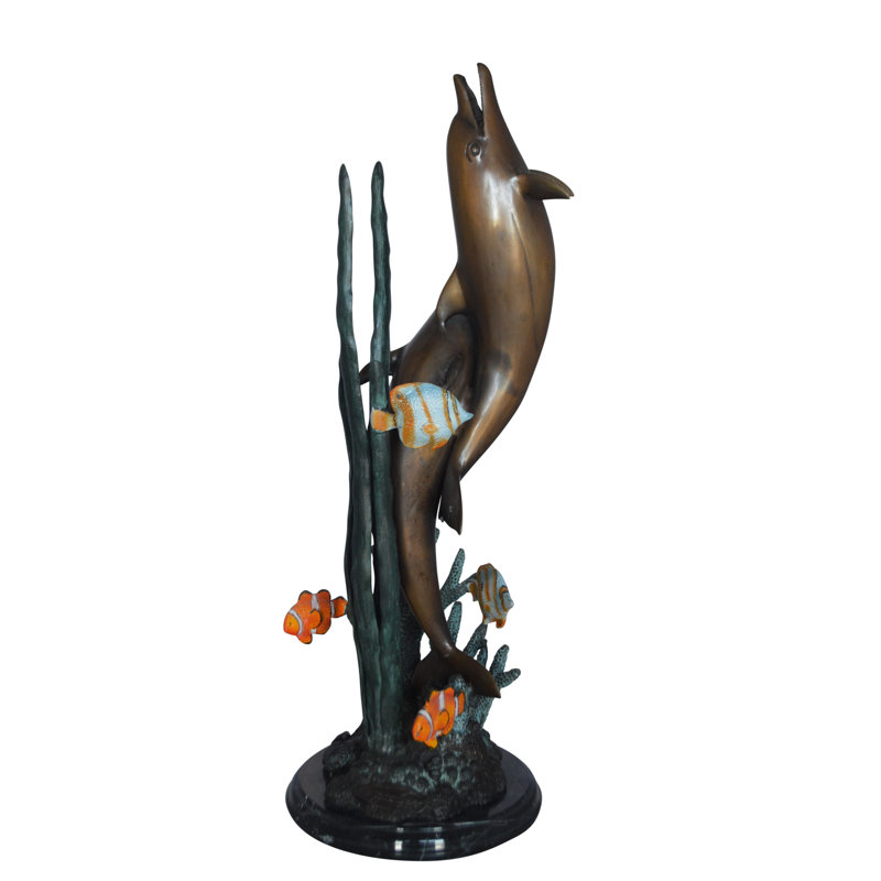 Vallée de deux dauphins avec poissons, statue en bronze de table. - Dimensions: L 8 po x l 8 po x H 22 po.