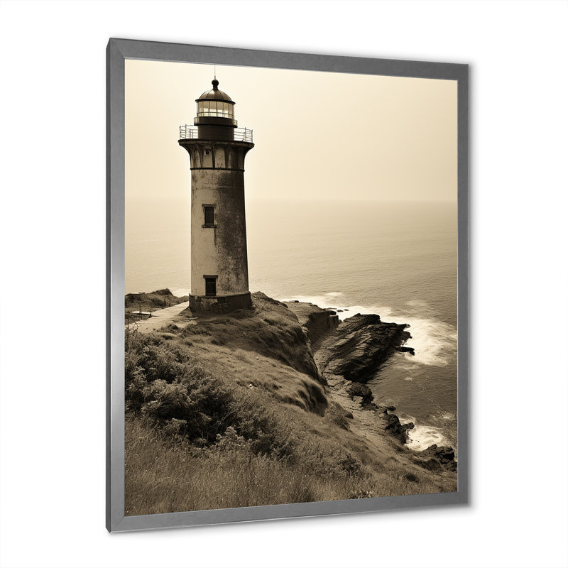 Paysage rétro de phare mimalisme, impression sur toile, Cadre simple argenté, H 32 po x l 24 po x P 1 po