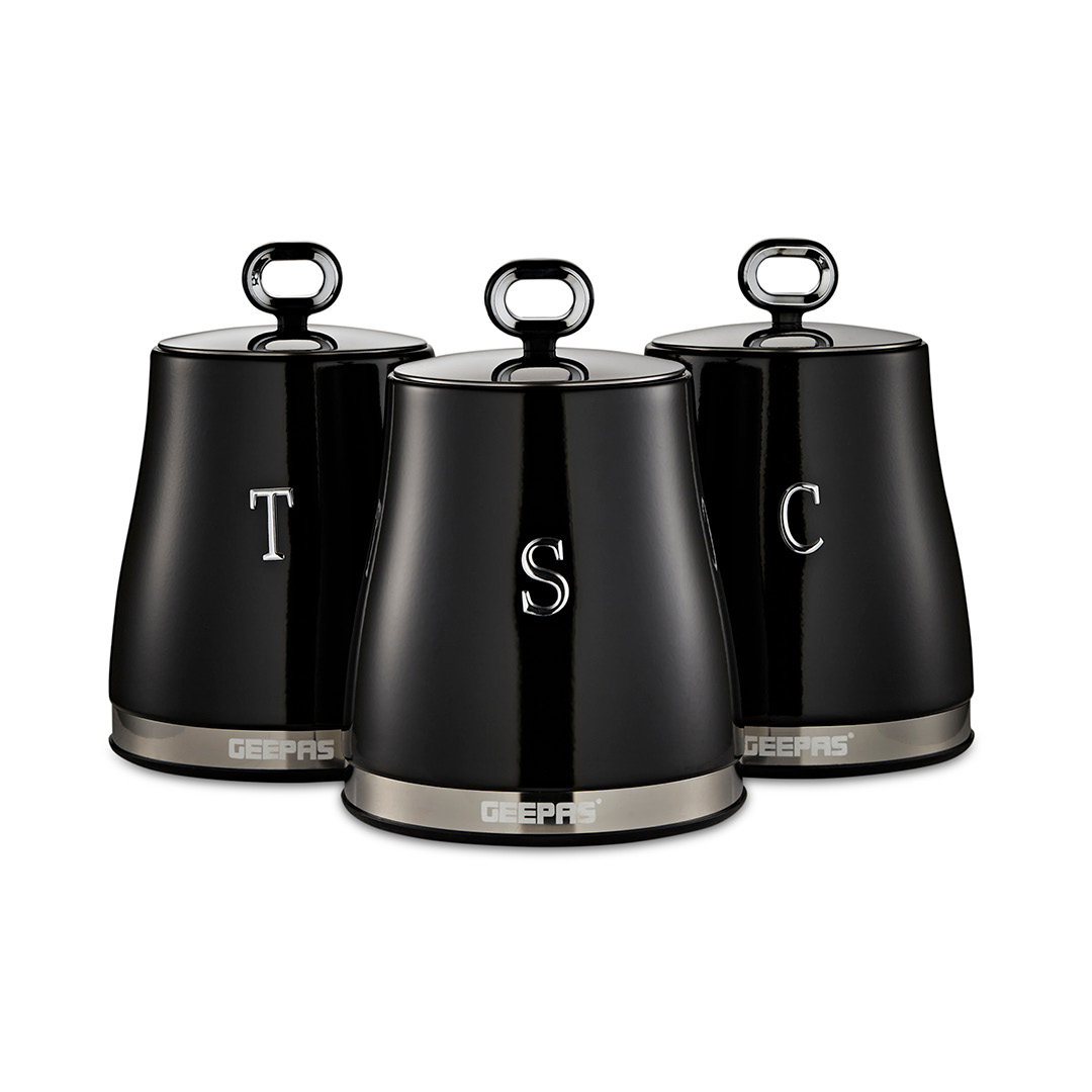 GEEPAS Retrovive 3-Piece Tea Coffee Sugar Canisters Set | 1.4L Airtight Stainless Steel Lids & Durable Carbon Steel Body | Kitchen Storage Canisters K