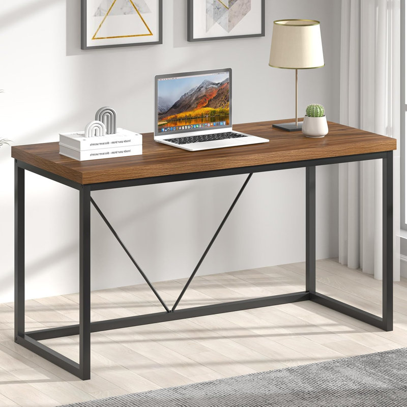 Modern Computer Desk, Rustic Wood And Metal Study Writing Table, Simple Work Gaming PC Desk For Home Office, Walnut 53 Inch