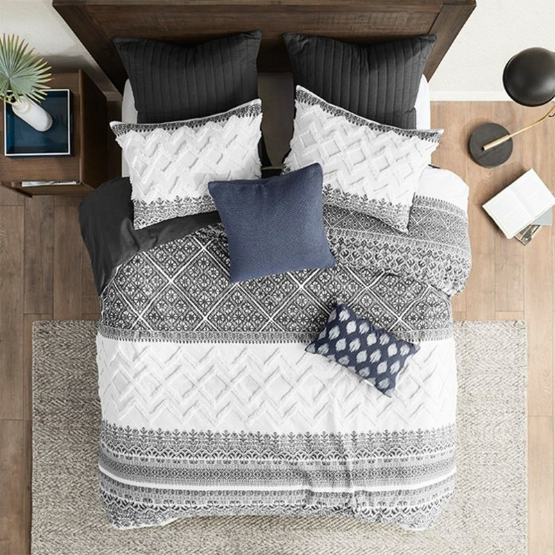 Housse de couette très grand / très grand 3 pièces, coton chenille, capitonnage blanc, chic, fermeture à boutons, 4 attaches de coin, lavable à la machine, et taies décoratives 3 pièces en coton, look, coins avec 2 inclus